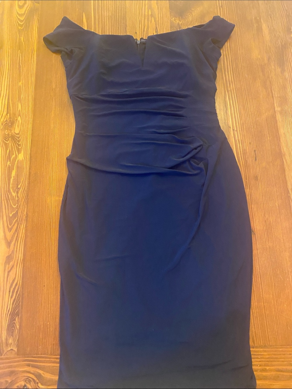 Xscape Navy One-Shoulder Ruched Sheath Dress